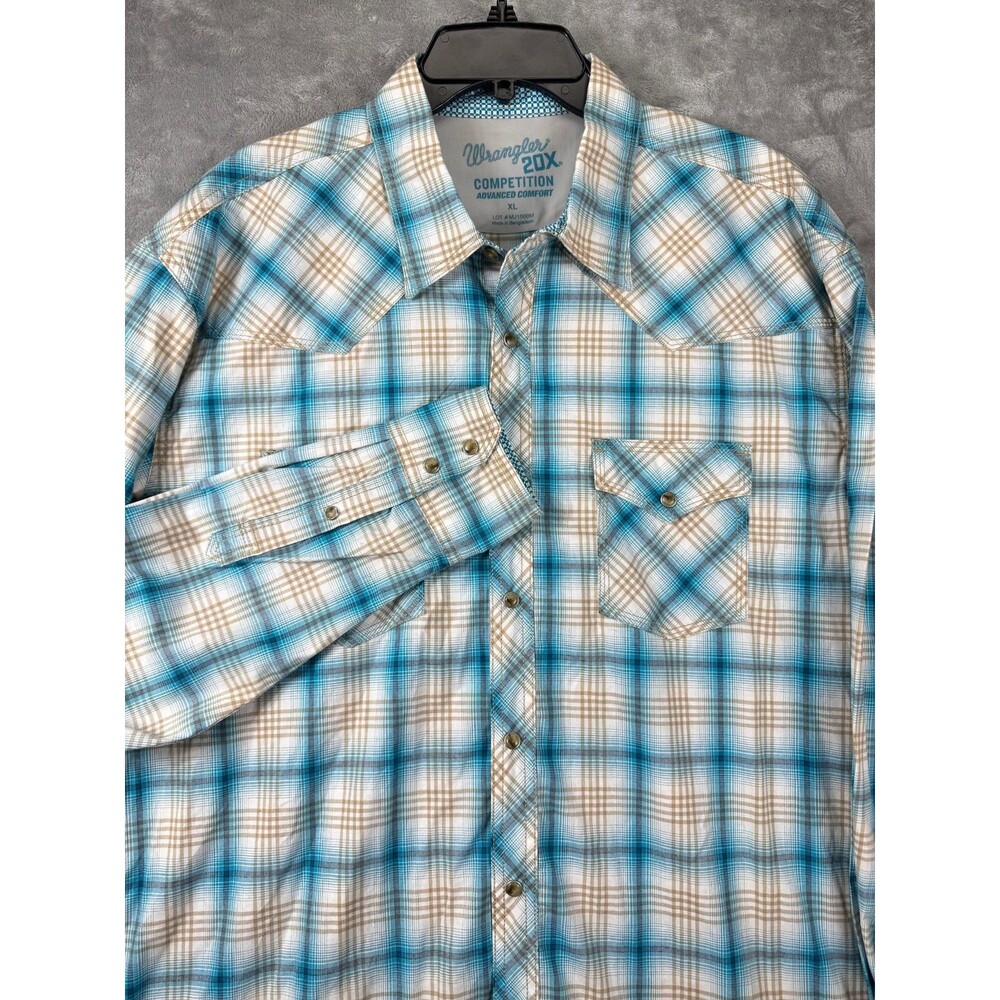 Wrangler 20X Mens XL Western Shirt Blue Tan Plaid Long Sleeve Snap